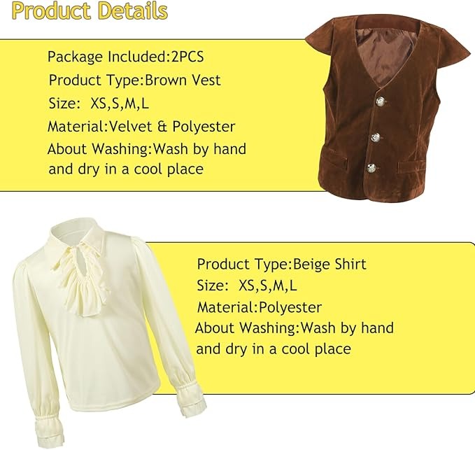 Boys Medieval Renaissance Costume Pirate Shirts Vest Knight Outfit Victorian Squire Halloween Cosplay
