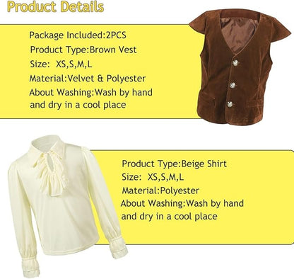 Boys Medieval Renaissance Costume Pirate Shirts Vest Knight Outfit Victorian Squire Halloween Cosplay