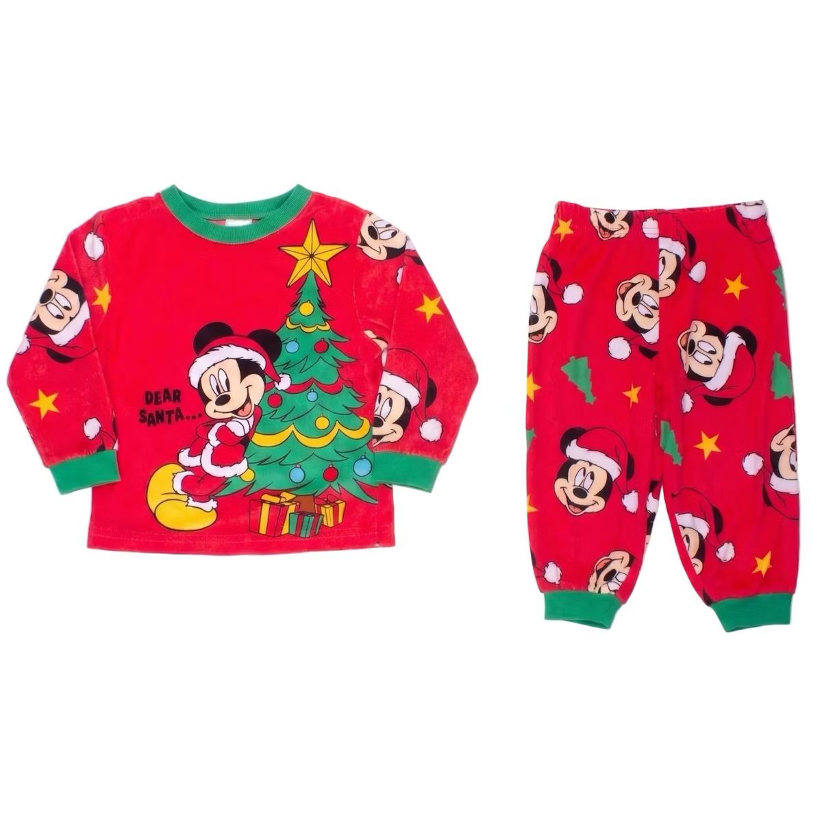 Disney Mickey Mouse Unisex 2-Piece Fleece Pajama Set, Long Sleeve "Dear Santa" Mickey and Christmas Tree