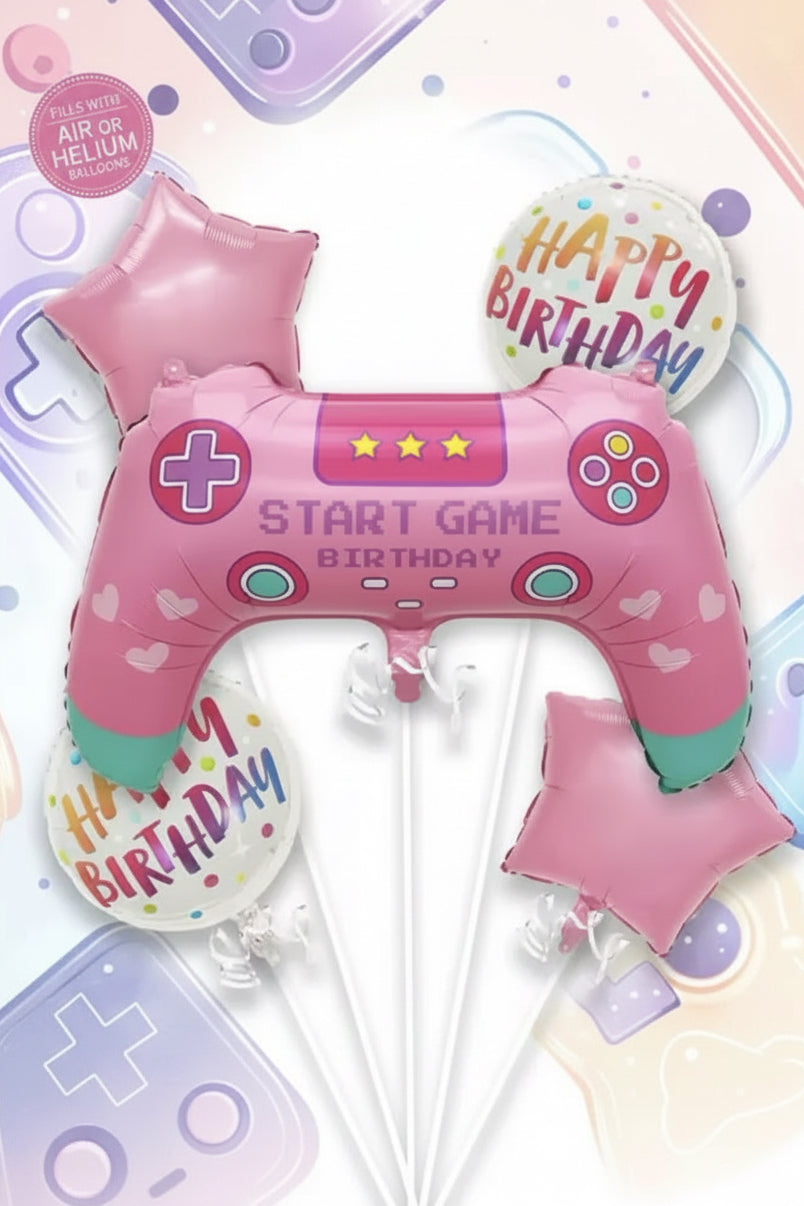 Pink Game happy birthday foil 5pc balloon set