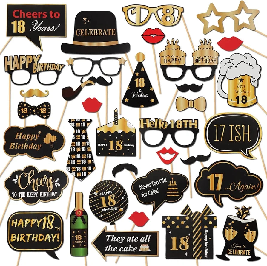 18th Birthday Black and Gold Photo Booth Props