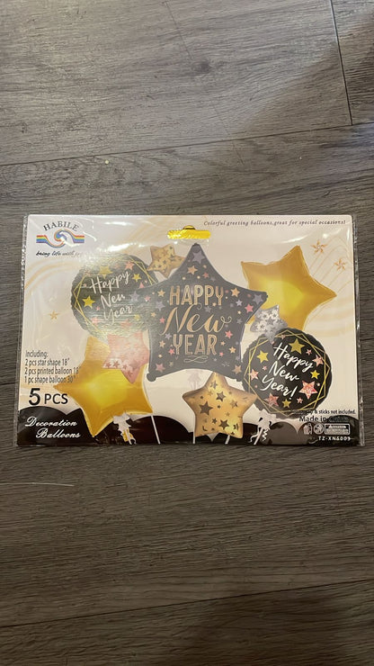 Starry 5pc Happy New Year Foil Balloon set package