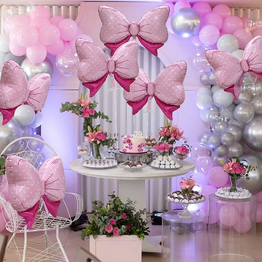 Polka dot pink bow foil balloon 24”