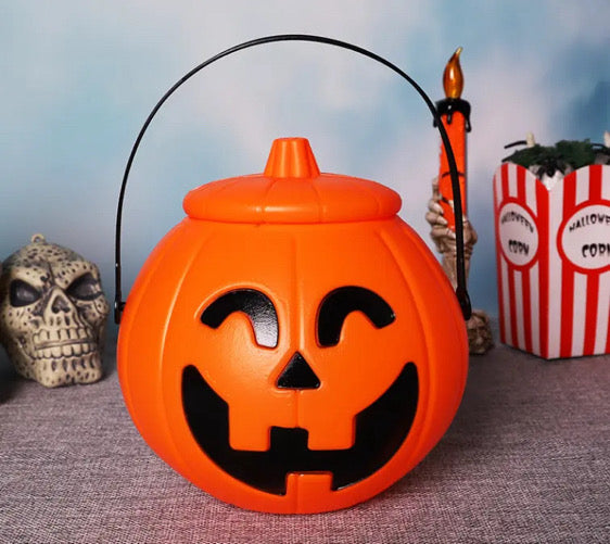 Orange Led Trick or Treat Pumpkin Bucket Halloween Stackable with cover