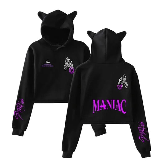 Stray Kids Black and Purple Maniac Crop Top Hoodie