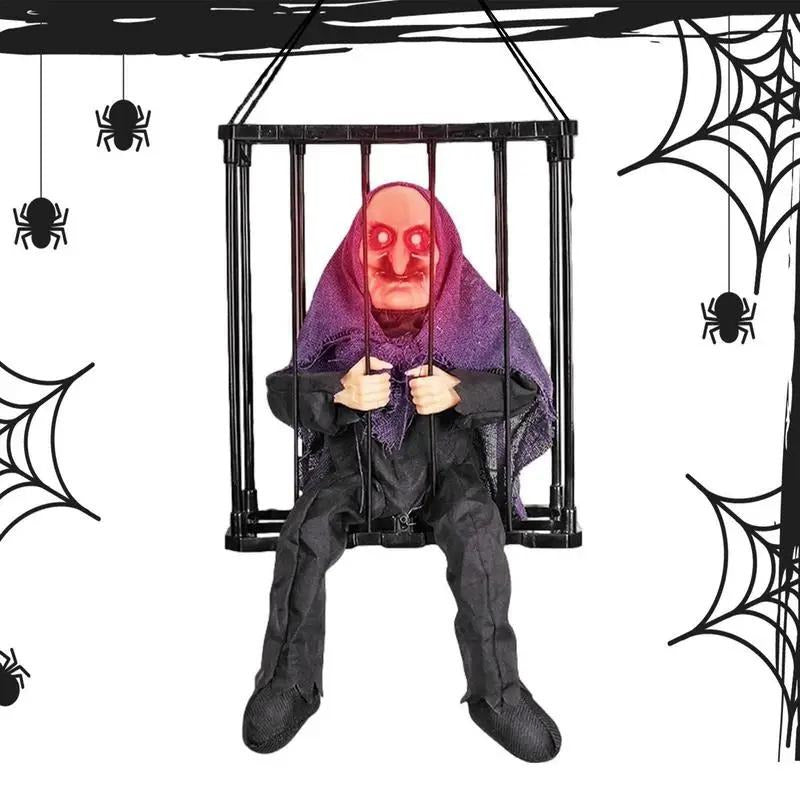 Animated Halloween Decorations, Witch in Cage Sound Activited Talking Skull Hanging