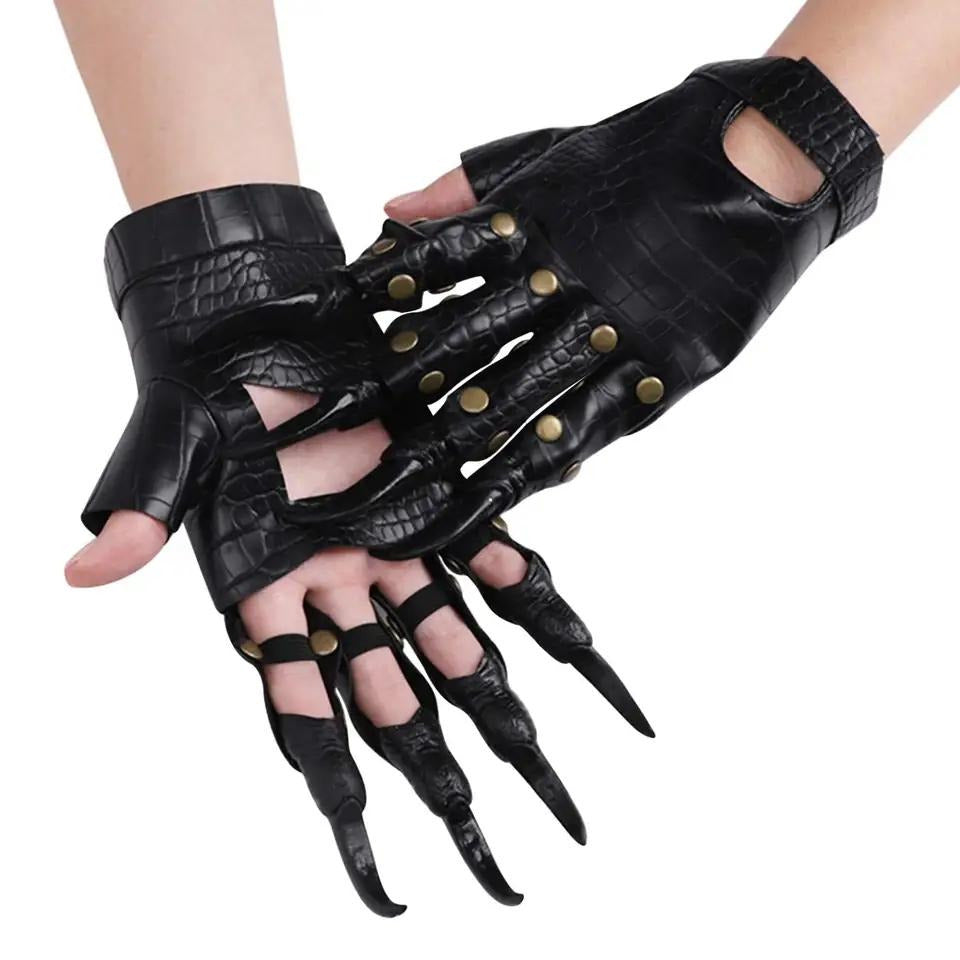 Halloween Black Leather Dragon Claw Gloves with Long Nails Horror