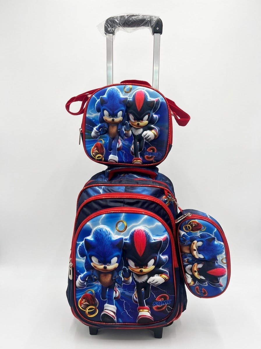 Sonic and Shadow Red Zipper 3pc trolley bag set