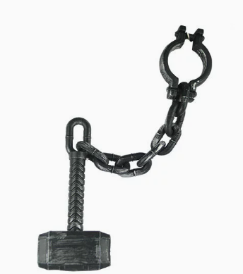 Black and silver hammer with chain and wrist shackle Halloween prop