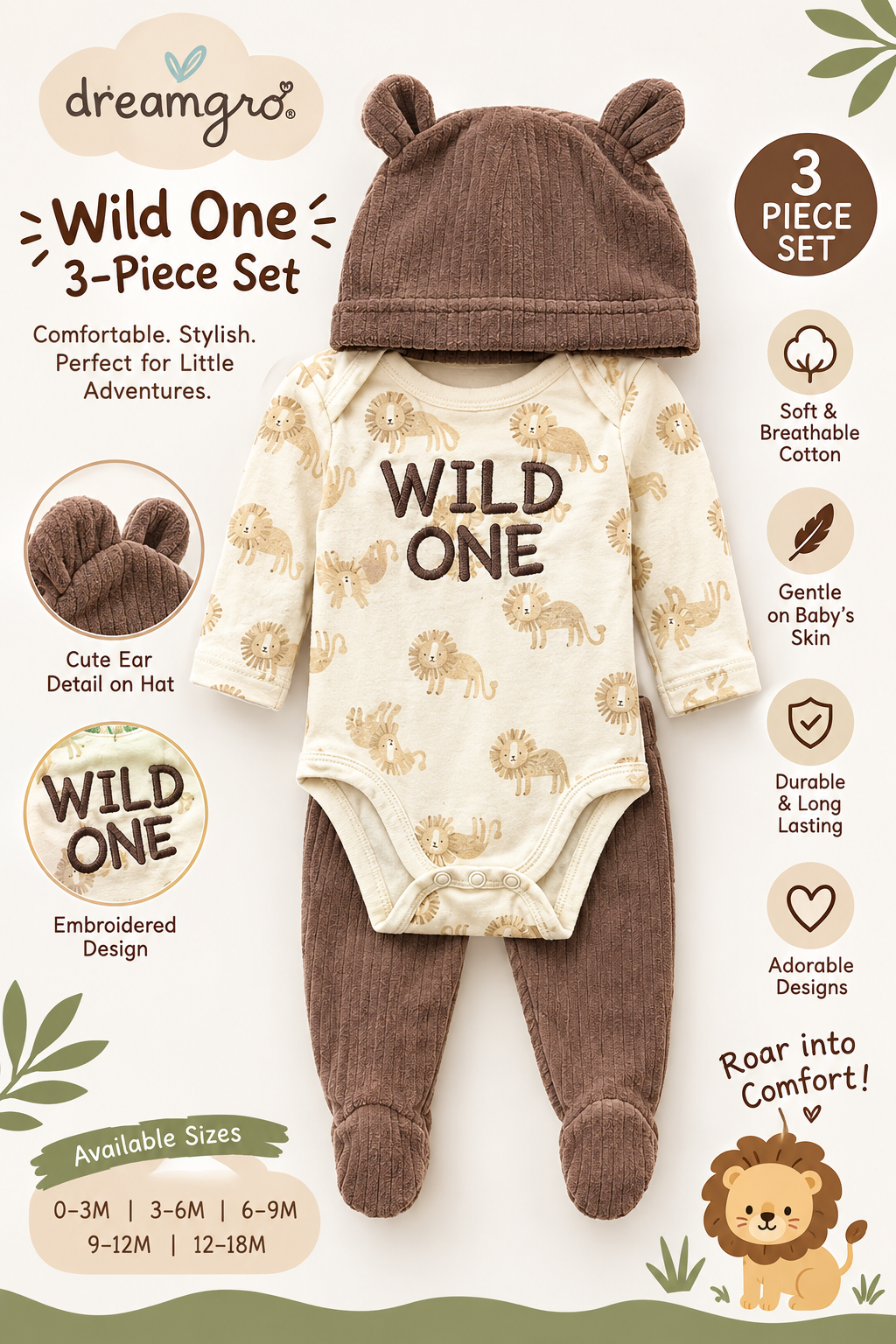 Dream Gro Wild One footed pant, bodysuit &amp; hat 3pc Set