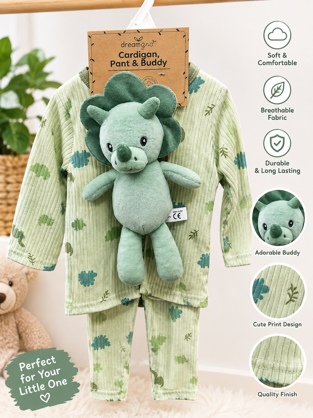 Dream gro Dinosaur Cardigan, Pant &amp; Buddy 3pc set