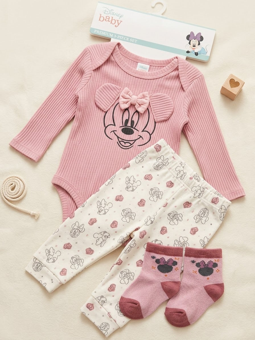 Disney Baby Girl Minnie Mouse Onesie, Pants &amp; Socks 3 Piece Set