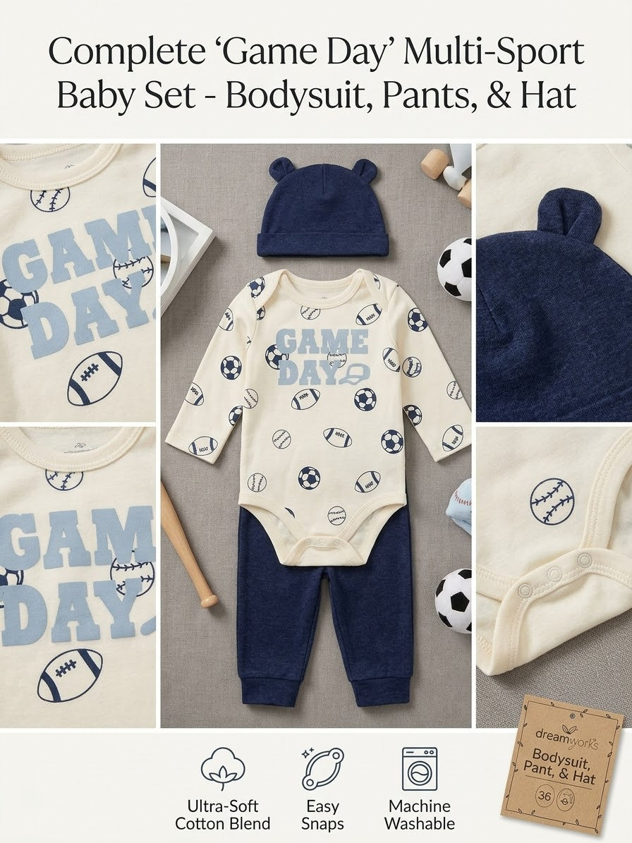Dream gro Game Day Baby boy Bodysuit, Pant &amp; Hat 3 pc Set