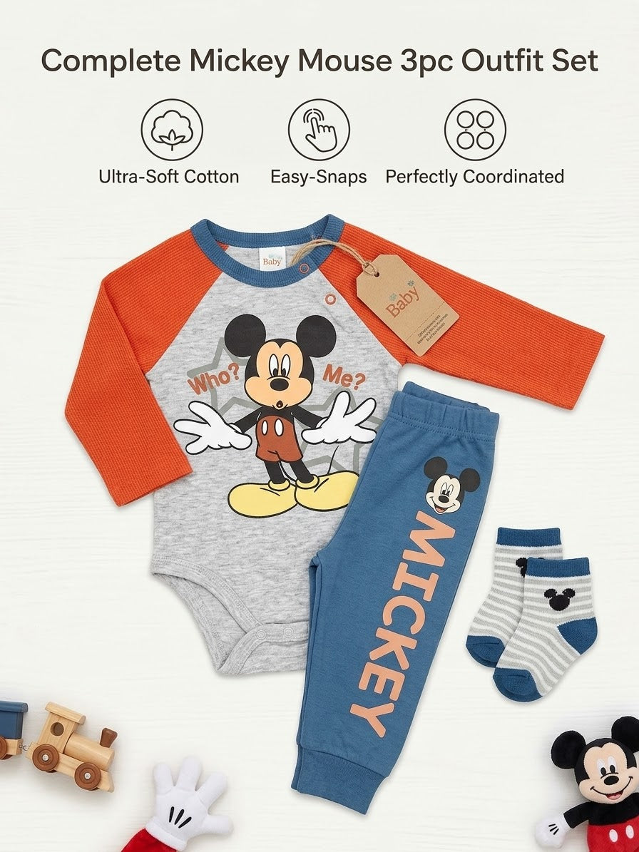 Disney Baby Boy Mickey Mouse Onesie, Pants &amp; Socks 3 Piece Set