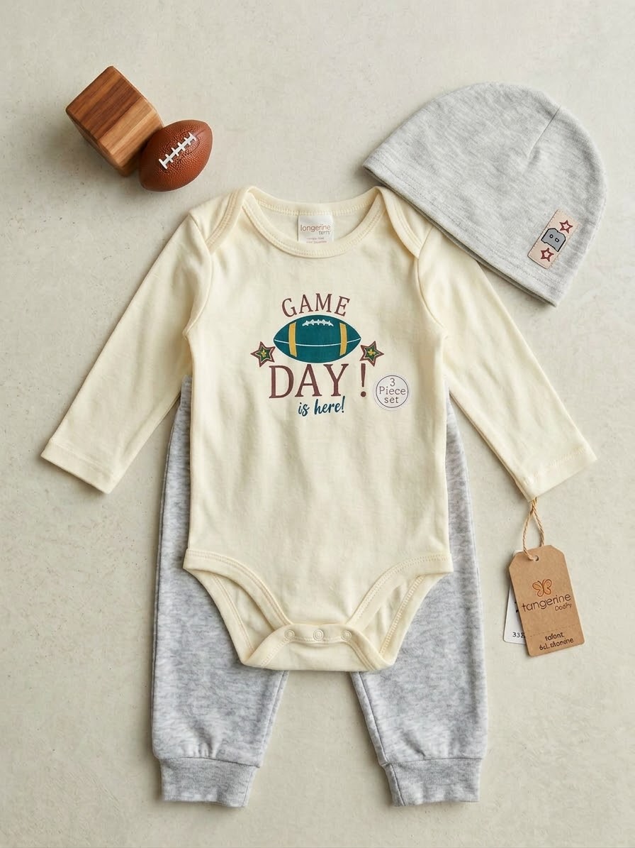 Tangerine Baby Baby boy ‘Game Day is here’ Cream Onesie, Grey Pants and Hat 3pc Set