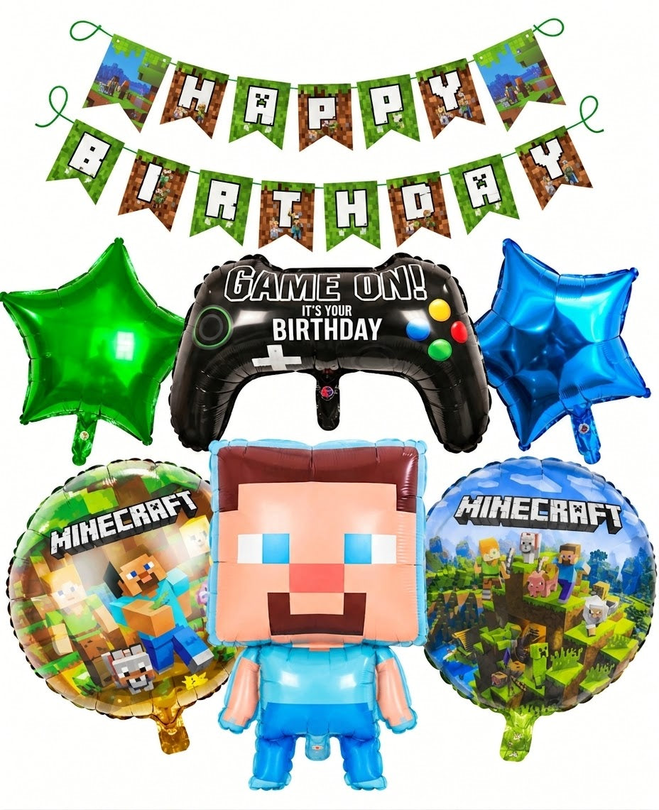 Minecraft Steve Balloon Party Decoration with Birthday Banner 