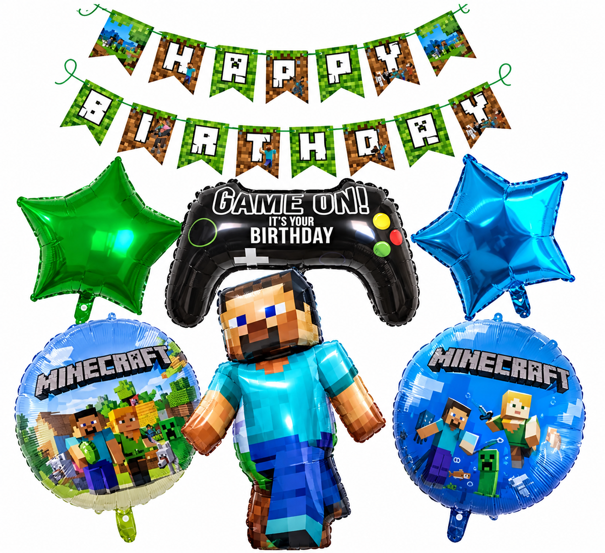 Minecraft Running Steve Balloon Party Decoration with Birthday Banner 