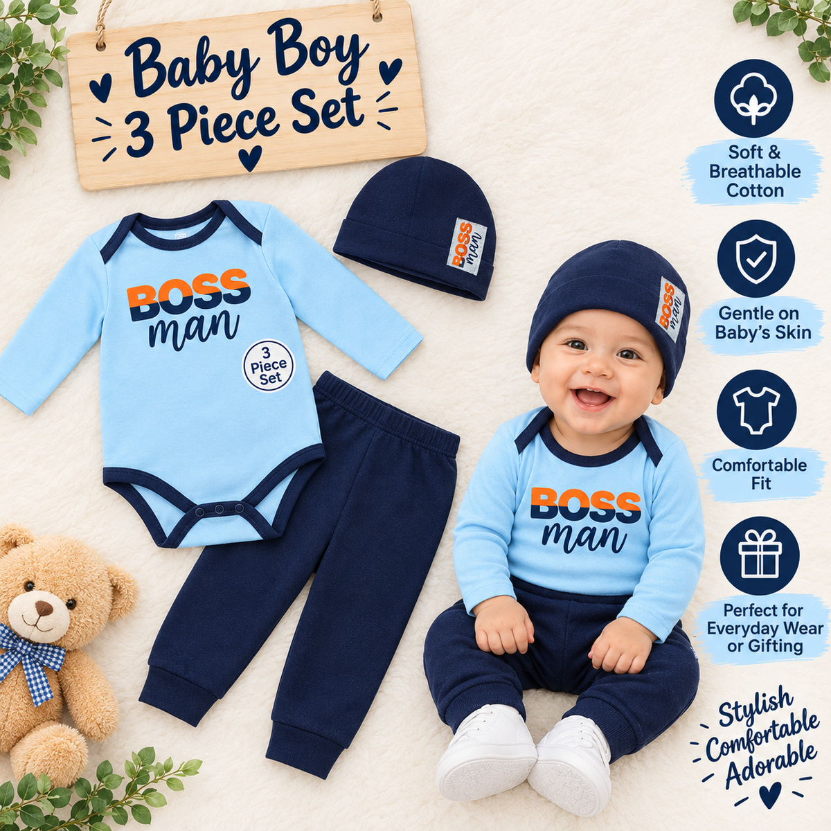 Funny Bunny Baby Boy 3 Piece Boss Man outfit