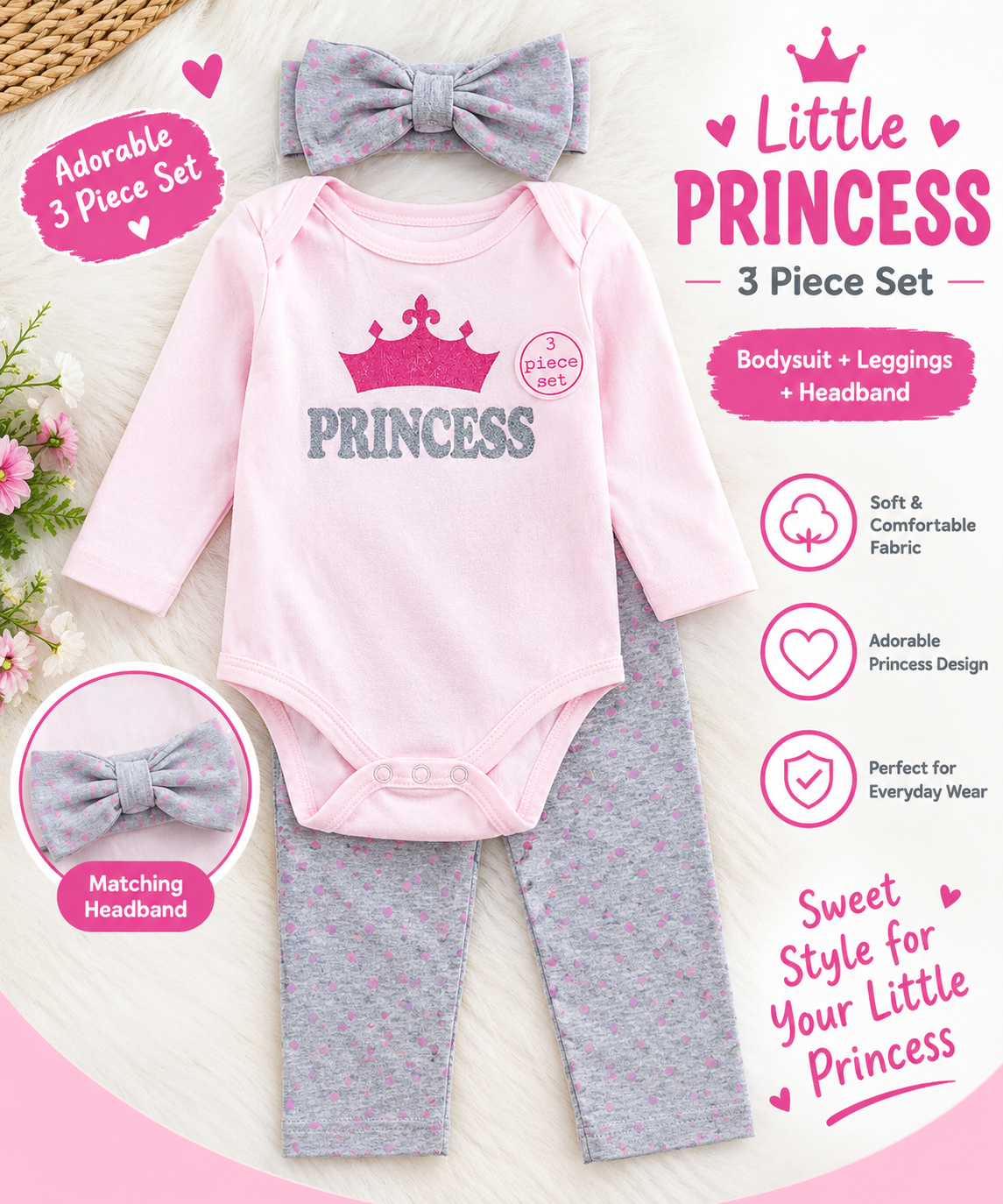 Funny Bunny Baby Girl 3 Piece Pink Princess outfit