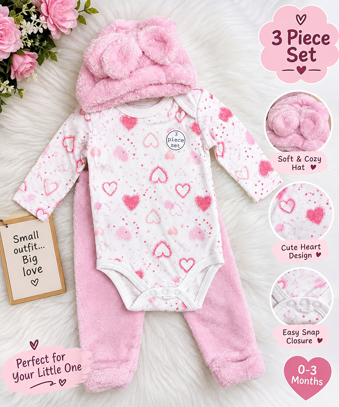 Babu Fluffy Pink Baby Girl 3 Piece Outfit