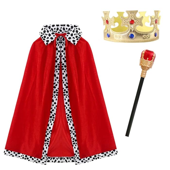 3pc King Fancy Crown, Cloak Cape Tiara Gold with Sceptre (Wand )