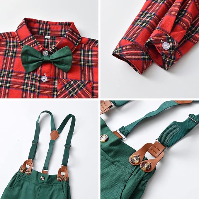 Christmas green pants Gentleman Toddler outfit with bow tie suspender overall pants