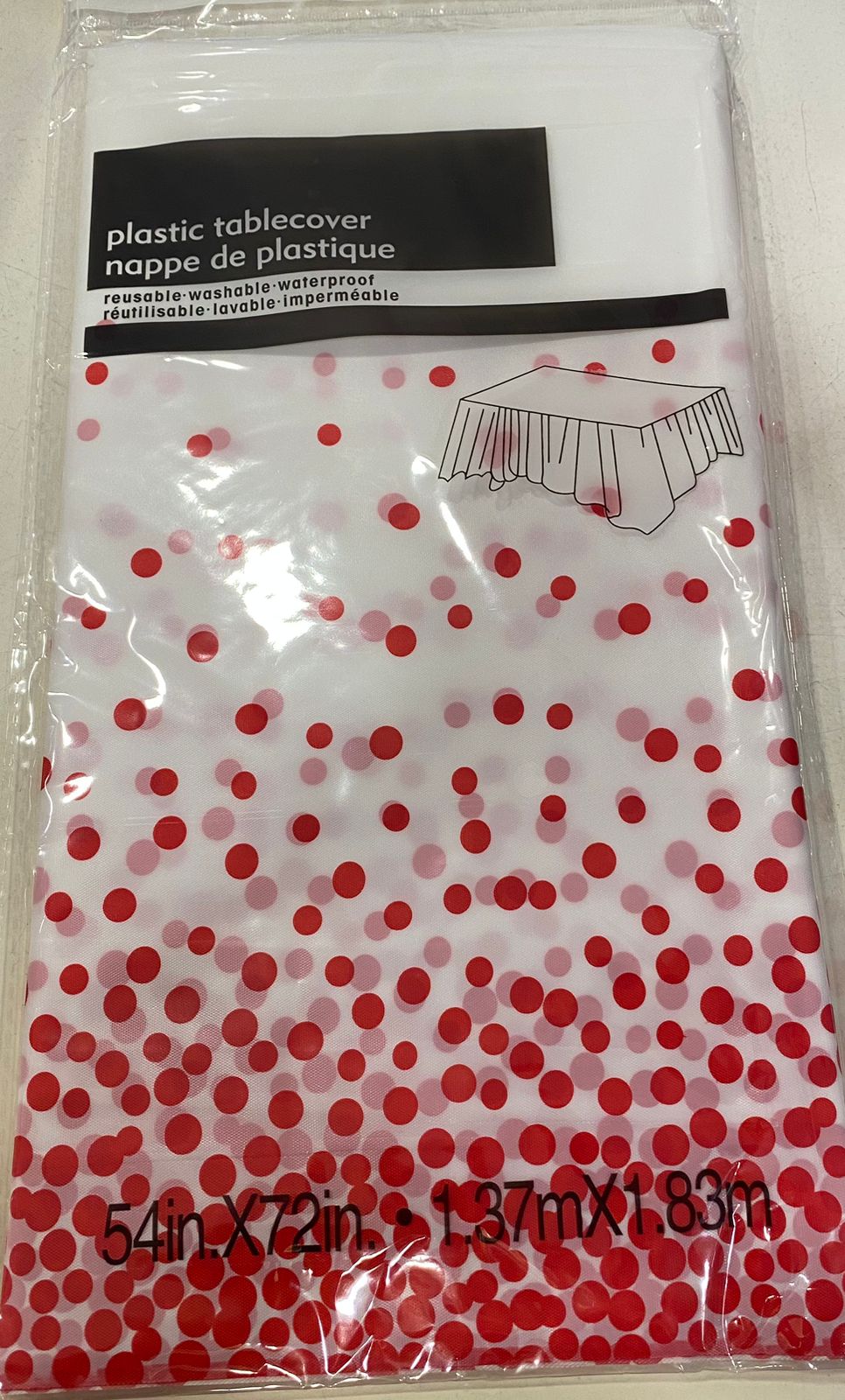 White and red plastic tablecover