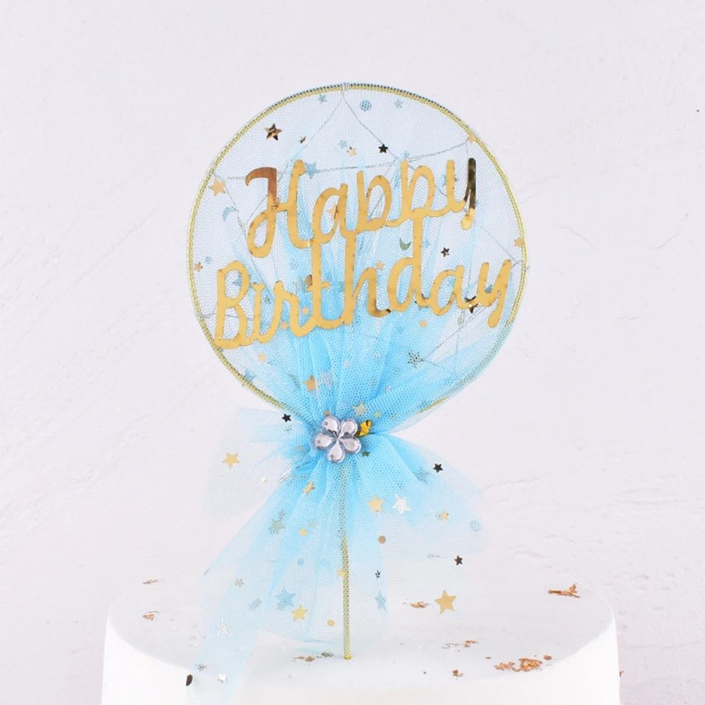 Happy Birthday Gold cake topper (Blue netting)