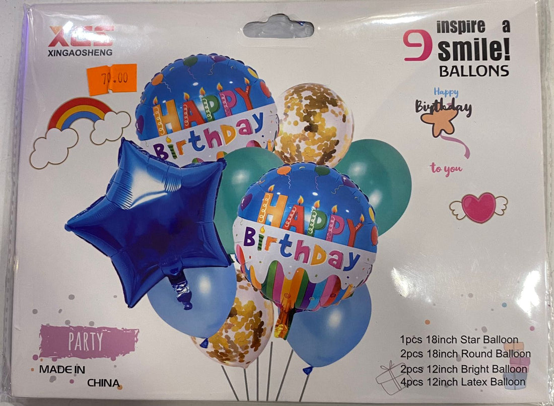 9 pc blue Happy Birthday balloon