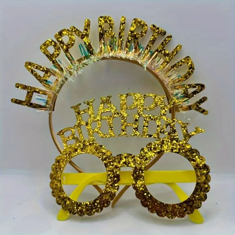 Happy Birthday Headband With Glasses (Gold)