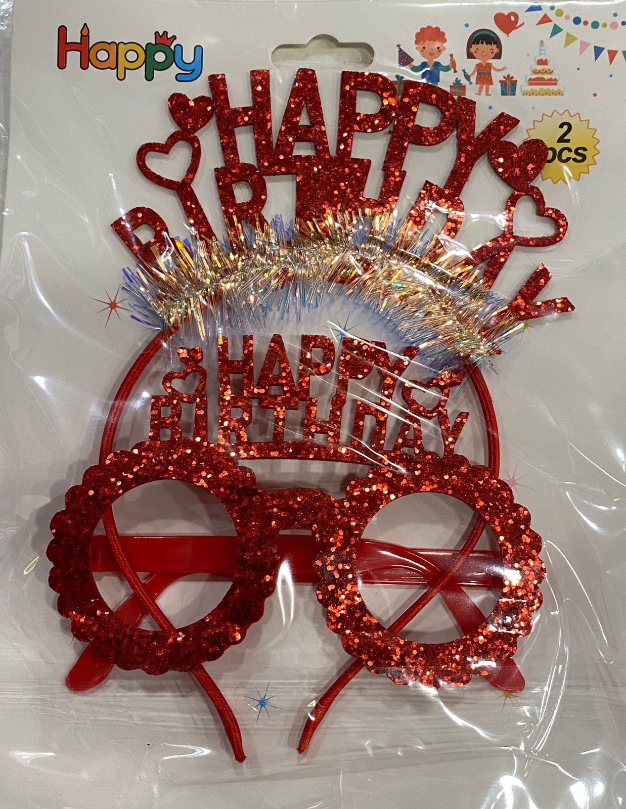 Happy Birthday Headband With Glasses (Red)