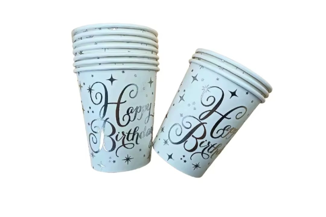 White and Silver Happy Birthday Cups