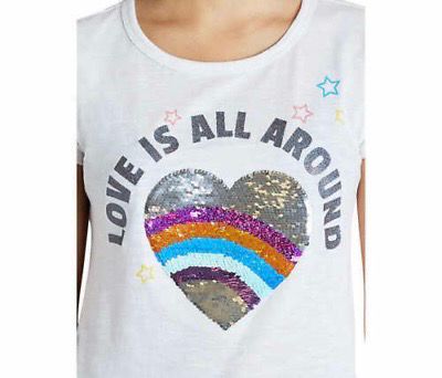 &quot;Love Is All Around&quot; Sequins Rainbow Heart White Tshirt