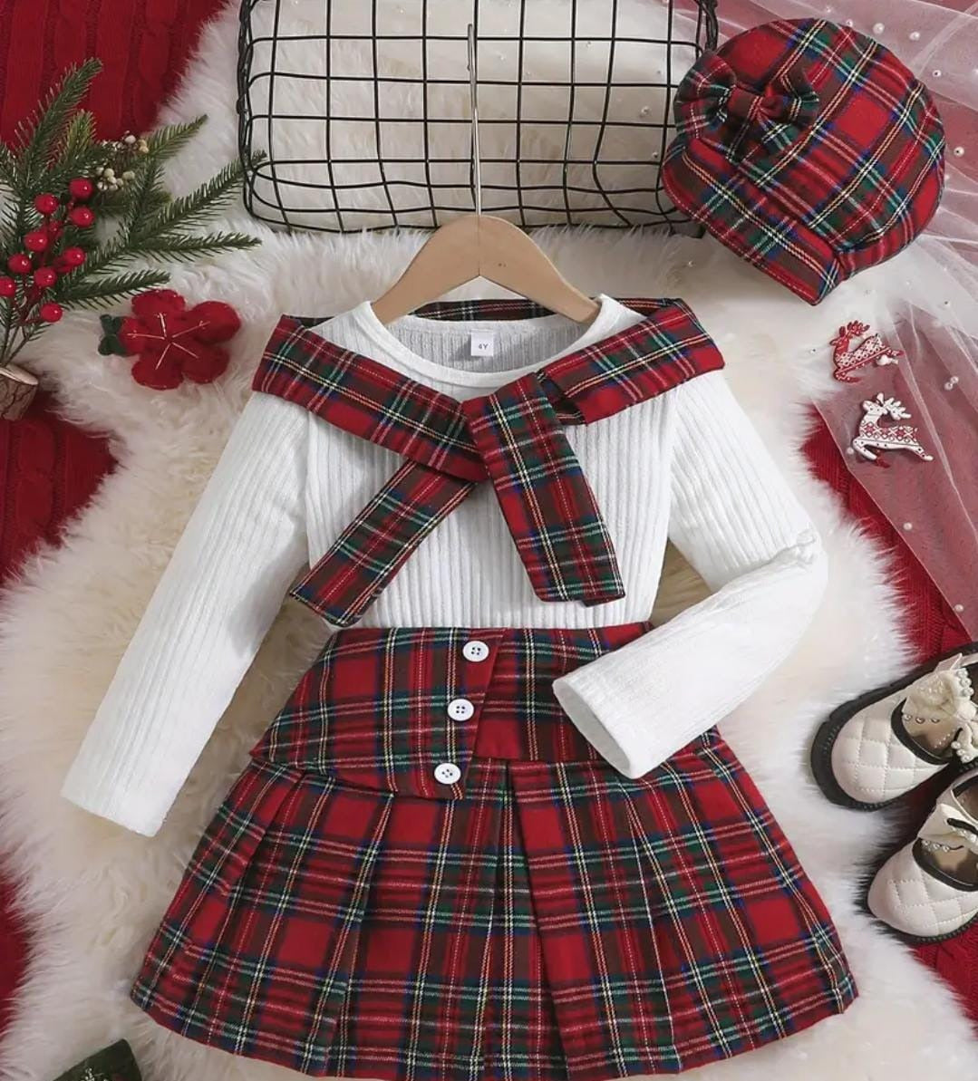 Christmas White Sweater&amp;Plaid Skirt 4Pc Girls Outfit