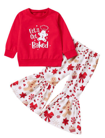 Christmas Girls Casual Long Sleeve Print Bell Bottom Pants  Top With Bell Sleeves, &quot;Let&