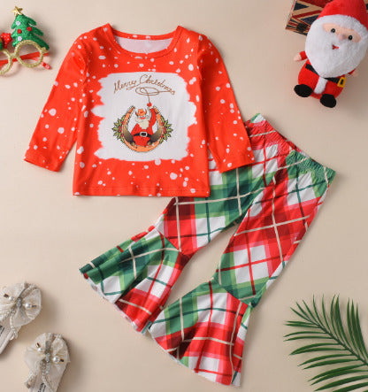 Christmas Girls Casual Long Sleeve Print Bell Bottom Pants Top With Bell Sleeves, Merry Christmas Santa Set