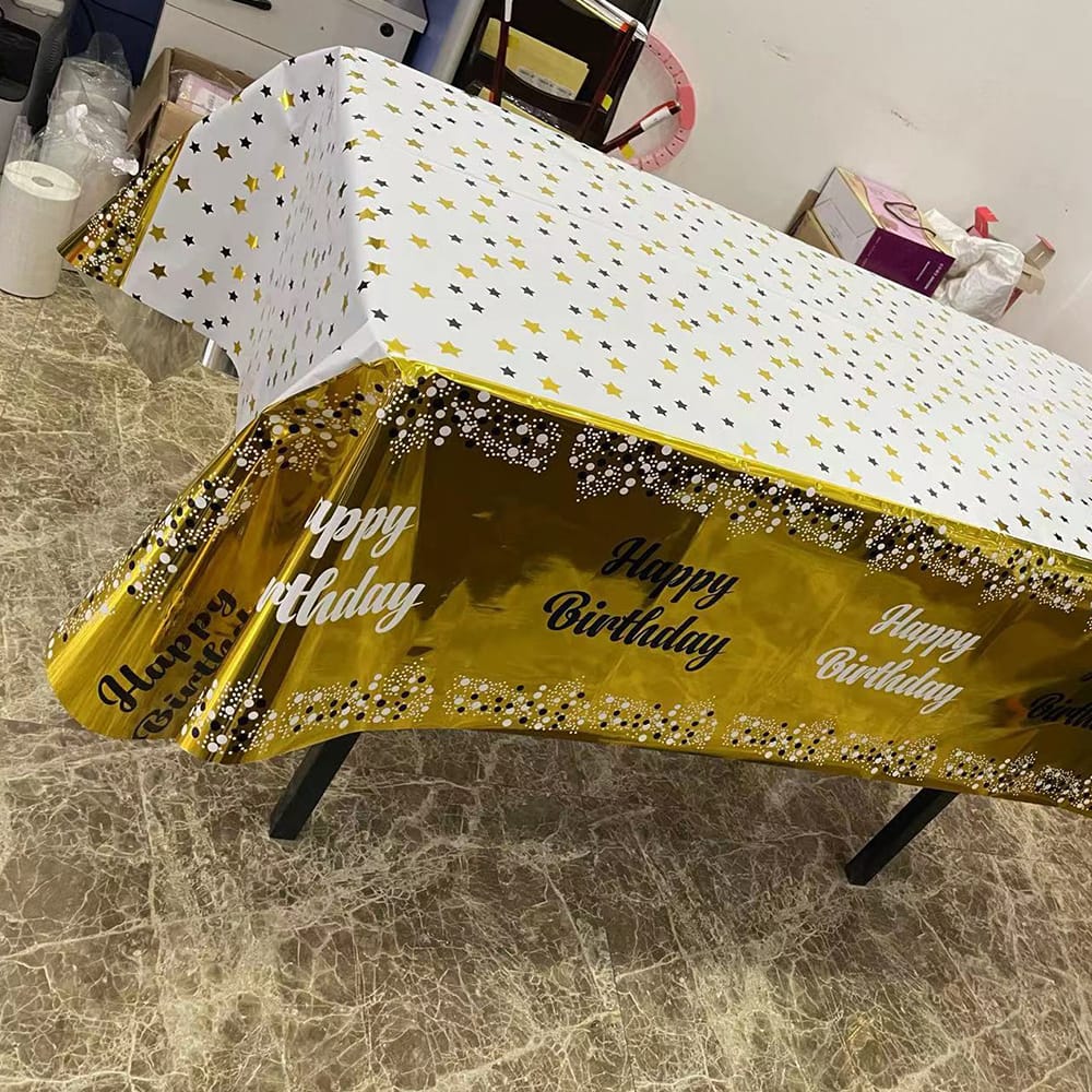 Aluminum White and Gold  Happy Birthday Tablecloth