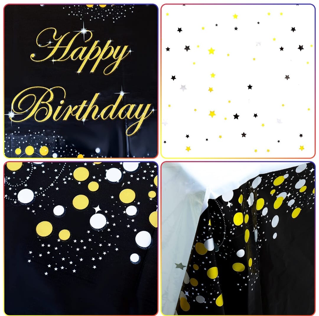 Black Foil Tablecloth With Gold Dots and silver Stars