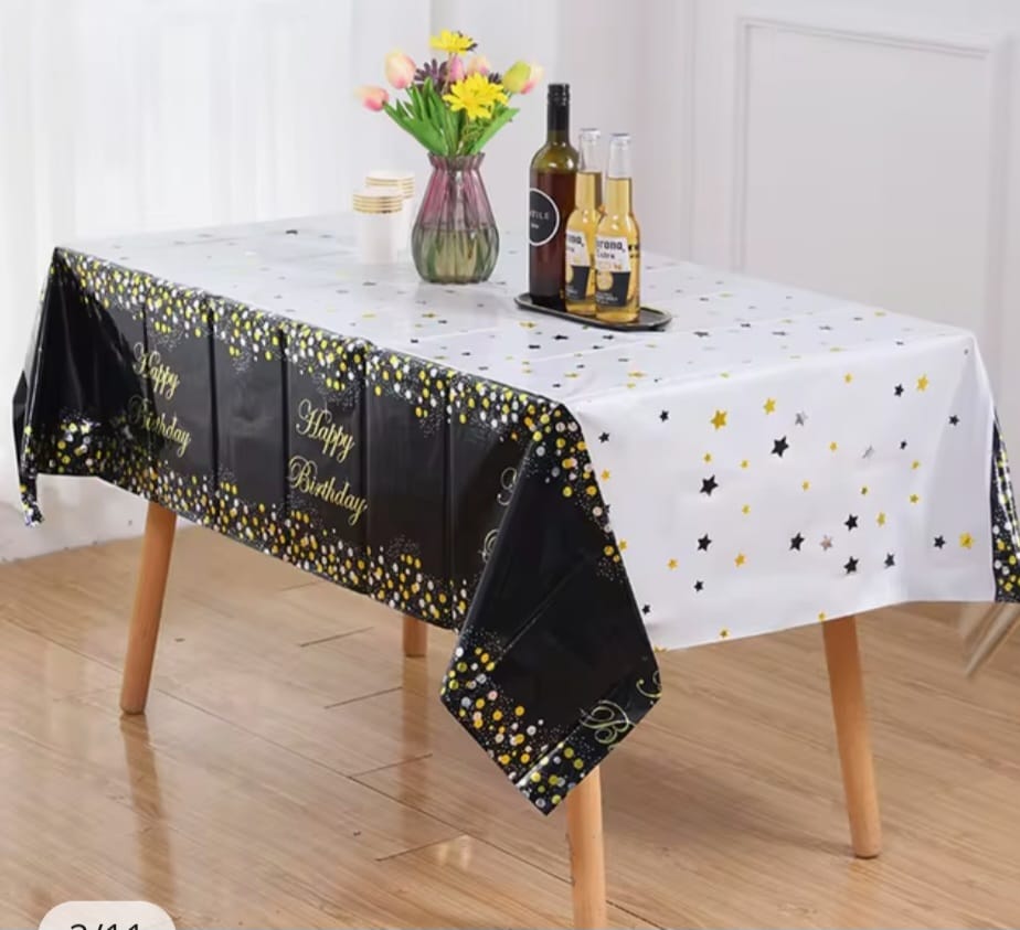 Aluminum Black And Gold Stars Happy Birthday Tablecloth - Preppy Kids (Grand Bazaar)