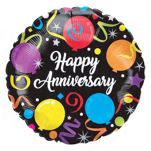 Black Happy Anniversary 18 inch Round Foil Balloon