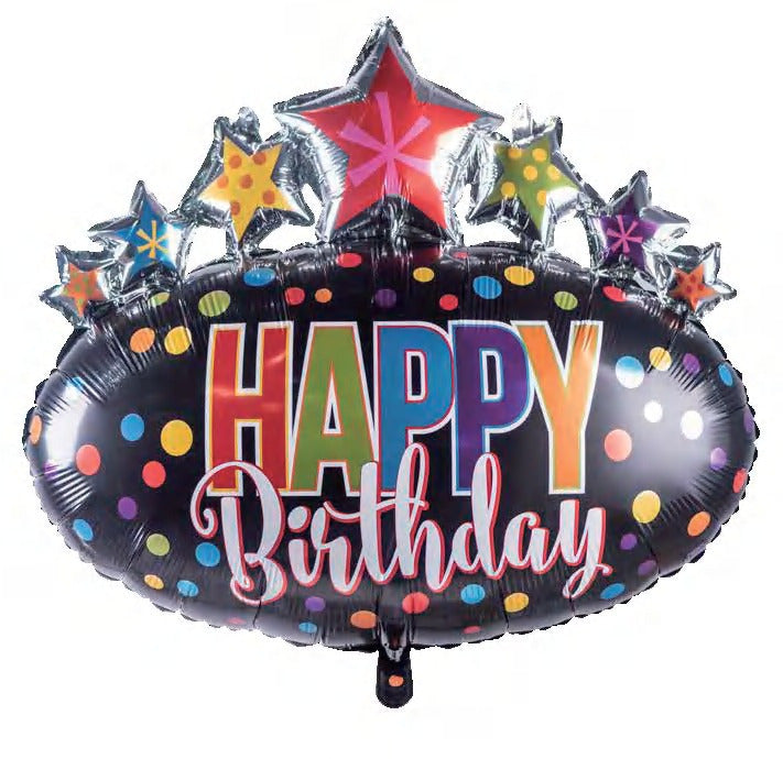 Super Shape Black Oval Happy Birthday Foil Balloon with Stars - Preppy Kids (Grand Bazaar)