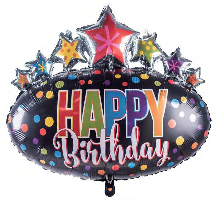 Super Shape Black Oval Happy Birthday Foil Balloon with Stars