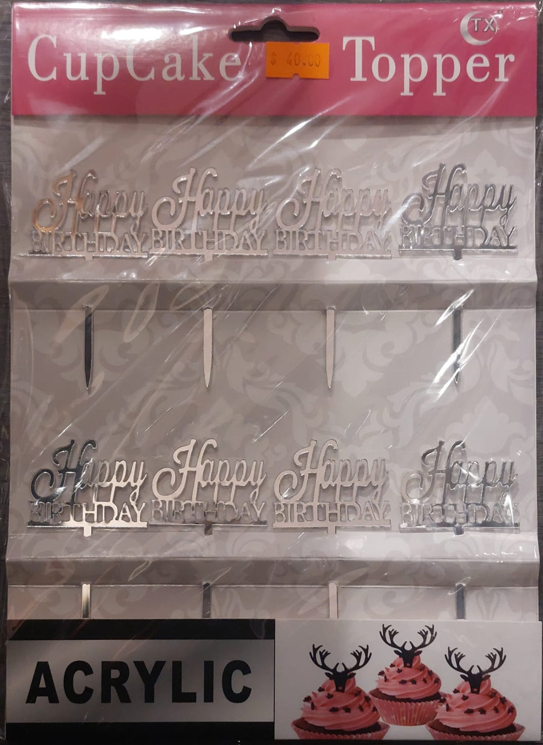 Silver Happy Birthday 8pc Cupcake Topper - Preppy Kids (Grand Bazaar)