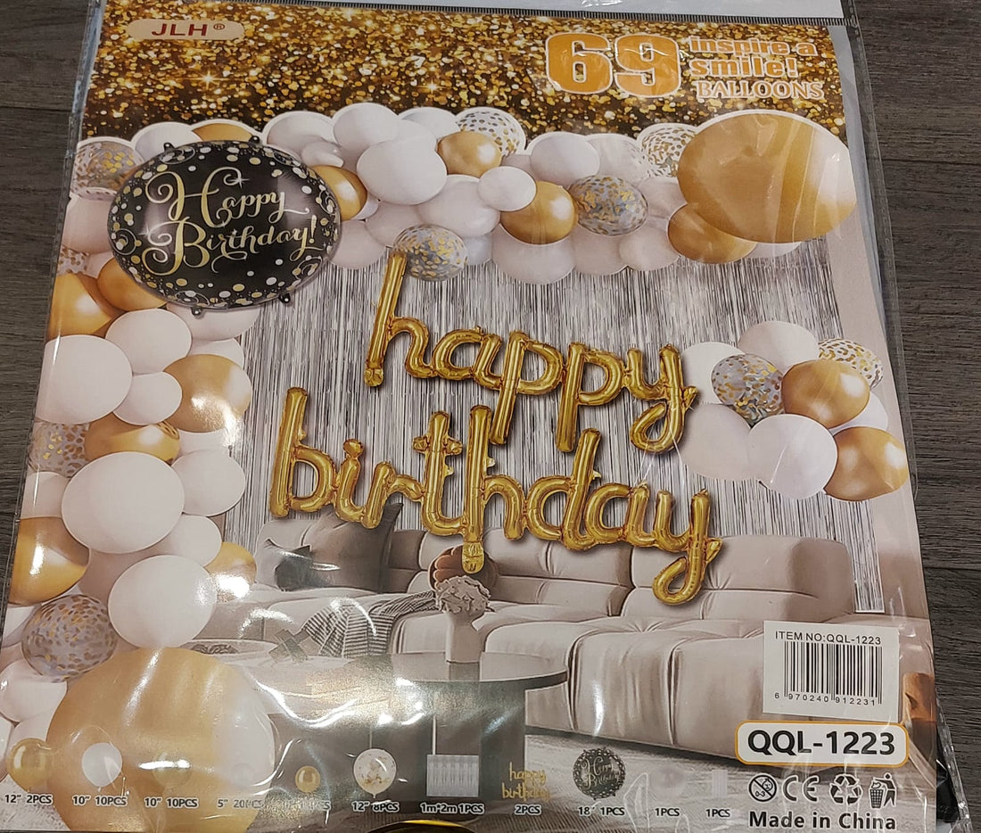 Gold and white Happy Birthday Balloon Arch Kit - Preppy Kids (Grand Bazaar)