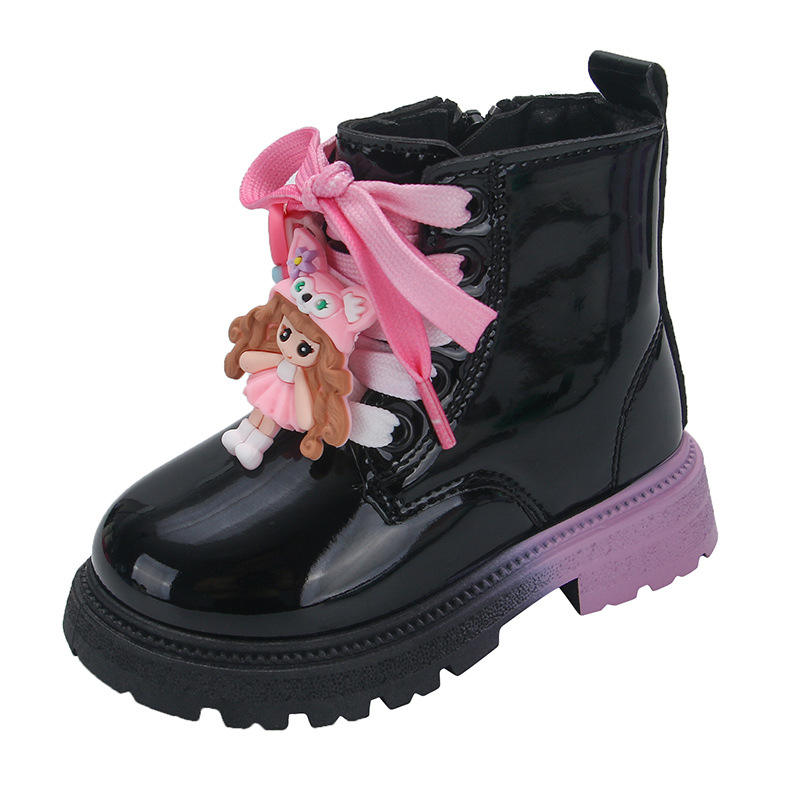 Black and Pink Leather Boots With Pink Laces - Preppy Kids (Grand Bazaar)
