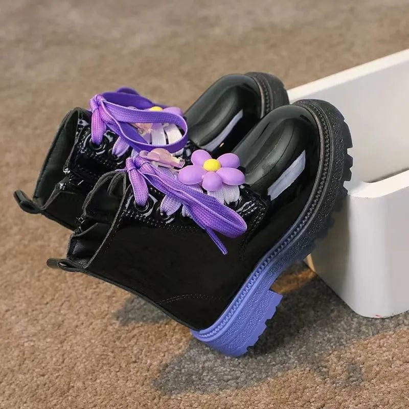Black and Purple Leather Boots With Purple Laces - Preppy Kids (Grand Bazaar)