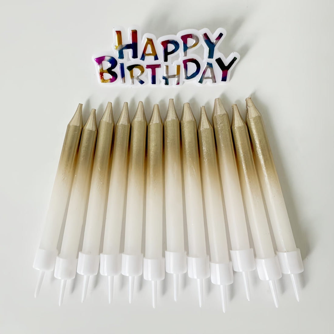 12pc Gold  and white gradiant candles Happy Birthday