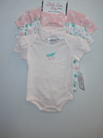 Pink Cherry 5PC Onesie &amp; Headband Baby Set