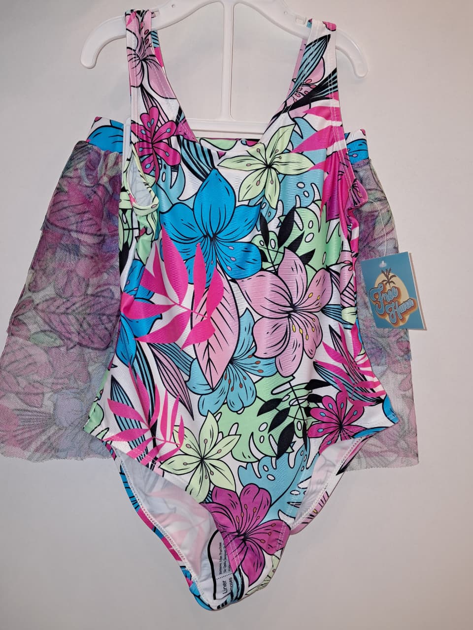 Girls 2PC Floral Bathing Suit &amp; Sheer Skirt