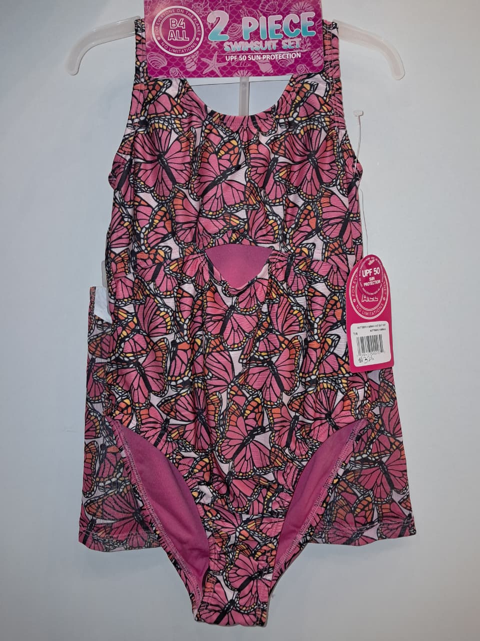 Pink &amp; Orange Butterfly Print Girls 2PC Butterfly Bathing Suit Set